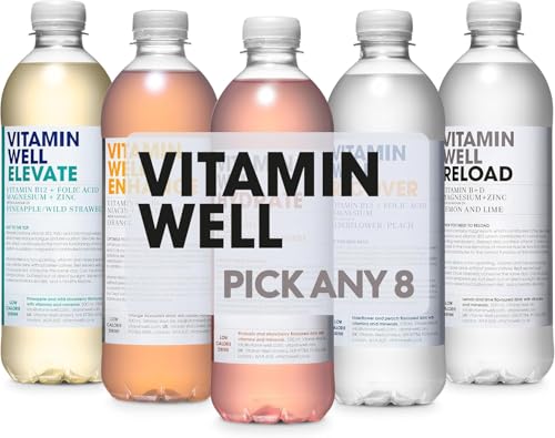 Vitamin Well Flavoured Water - Pick any 8 x 500ml - Choose from 5+ Flavours Elevate Enhance Hydrate Recover Reload - Packed with Vitamin C D Zinc Biotin Low Calorie