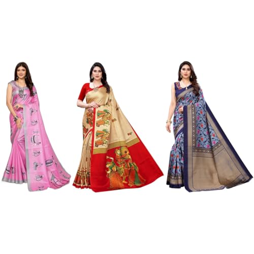 Image of Yashika Women's Sarees Women's Combo Art Silk Printed Saree With Unstitched Blouse Piece |saree for Women | saree combo | New Sari | Saree Pack Of 3