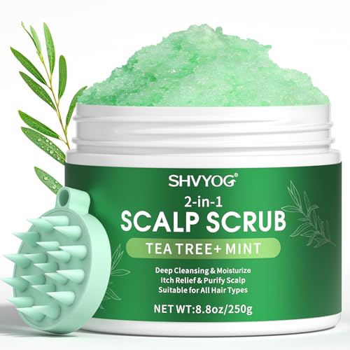 SHVYOG Scalp Scrub, Tea Tree & Coconut Oil Exfoliator Scrub for Itchy Scalp, Anti-Dandruff Detox Clarifying Exfoliator Shampoo with Sea Salt, Scalp Treatment with Scalp Scrubber