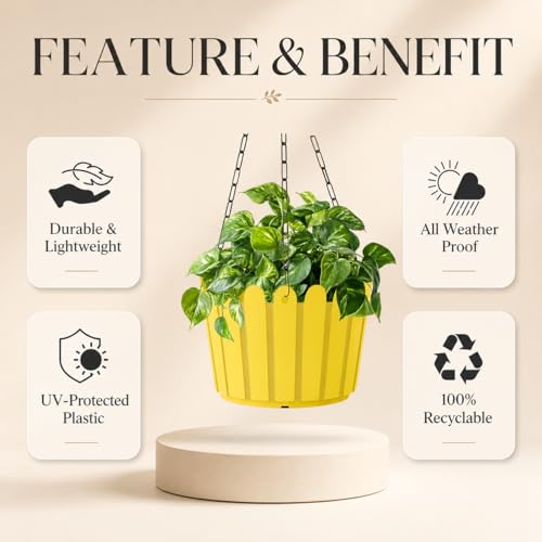 Image of YUCCABE ITALIA SHERA Hanging Fence 8 INCH Planter Pot Plastic Flower Hanging Pots for Home Decoration Sutiable for Indoor and Outdoor (Yellow, Pack of 12)