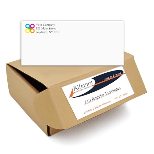 100 Printed Regular Envelopes #10, White, Gummed Enclosure or Optional Self Seal Security Tint, Text and Logo Customization, Size 4-1/8 x 9-1/2 Inches, 24 LB