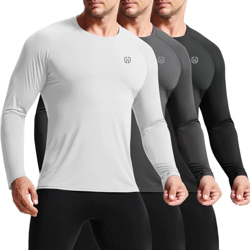 NELEUS Sun Protection Athletic Shirt Long Sleeve Finishing Workout Running Shirts with Hoods 5060 Black/Grey/White 3 Pack 2XL