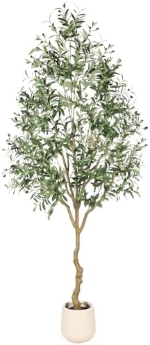 8FT Faux Olive Tree with Planter – Olive Trees Artificial Indoor with Natural Wood Trunk and Realistic Leaves, Tall Fake Olive Tree Artificial Plants for Home House Office Decoration