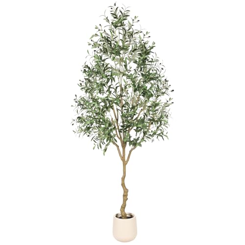 FEELEAD 8FT Faux Olive Tree – Olive Trees Artificial Indoor with Natural Wood Trunk and Realistic Leaves, Tall Fake Olive Tree Artificial Plants for Home House Office Decoration