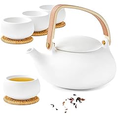 ZENS Japanische Teekanne mit Siebeinsatz, Modern 800ml Matte Weiß Teeservice Keramik mit 4 Tassen und Rattan Untersetzer, Hanfseilgriff Teeservice für Losen Tee Stepper, Geschenk für Teeliebhaber