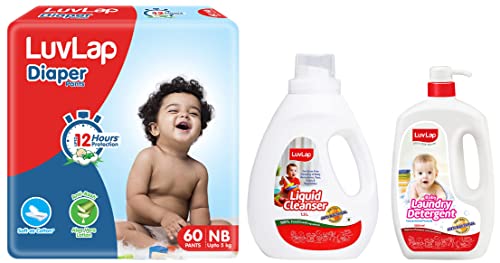 Image of LuvLap Liquid Cleanser, 1.5ltr & Baby Diaper Pants (NB), Pack of 60 Count, Extra Small (XS) & LuvLap Baby Laundry Liquid Detergent, Food Grade,1000ml