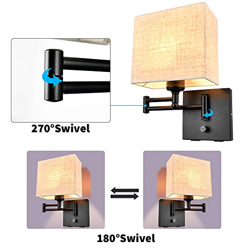 Wall Lamp 7 Inch, Wall Lamp With Plug In Cord, Plug In Wall Sconce With 2 Usb Port, Dimmable Wall Sconces With Fabric Linen Shade And Swing Arm, Sconces Wall Lighting Perfect For Bedroom Reading Room #TOP3