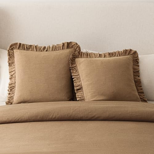 Image of Foindtower Set of 2 Decorative Soild Fringe Ruffle Throw Pillow Covers Soft Boho Farmhouse Cushion Cover Cozy Accent Retro Pillowcase for Couch Sofa Bed Living Room Home Decor,20x20 Inch,Orange Brown