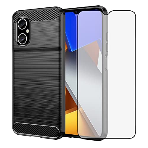 Compatible with Xiaomi Redmi Note 11E 5G/Redmi 10 5G/Redmi 10 Prime+ 5G/Mi Poco M4 5G Phone Case and Tempered Glass Screen Protector with Shockproof Soft Slim Silicone Carbon Fiber for Women Men Black
