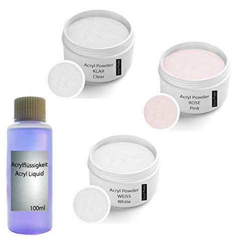 Acrylpulver Set inkl. Acrylflüssigkeit, klar 30g, Rosa 30g, weiß 30g - Arcylflüssigkeit 100m l- Acrylpulver Set - Acryl…