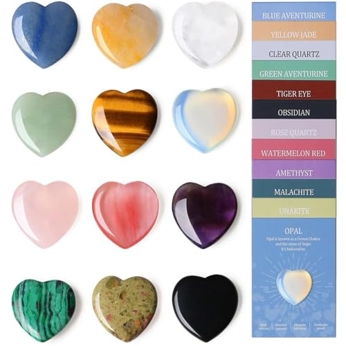 Juego de piedras preciosas de cristal natural, 12 piezas de piedras de bolsillo pulidas mixtas, rocas decorativas en forma de corazón y pulgar, meditación Reiki, yoga, piedras preciosas espirituales