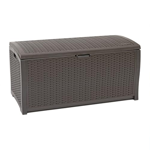Suncast DBW9200 99 Gallon Outdoor Wicker Plastic Patio Storage Chest Bin with Handles for Patio, Garden, Garage, or Pool for All Weather, Mocha