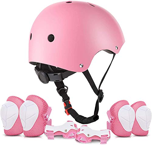 KAMSANG Protective Gear Set with Knee Elbow Pads and Wrist Guards for Bike Skateboarding Roller Blading Scooter Riding Bicycling Roller Skating and More (Pink, Small)