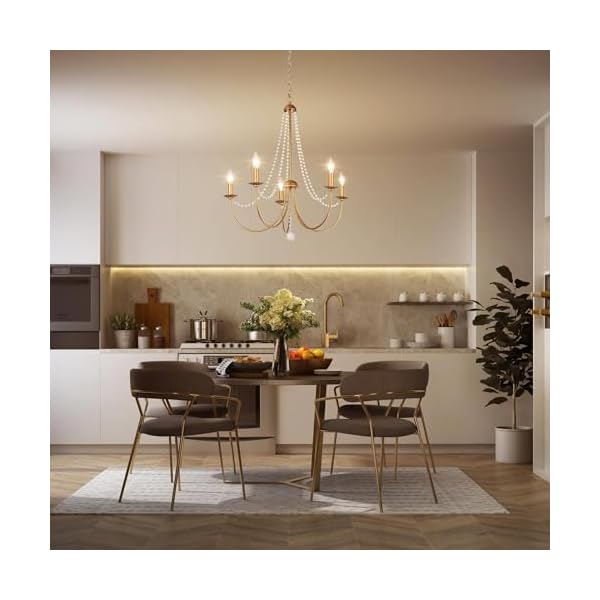 KSANA Antique Brushed Gold Chandeliers, Modern 5-Light Dining Room Chandelier Light Fixture with Wood Beads for Kitchen Island, Bedroom and Living Room - Image 4