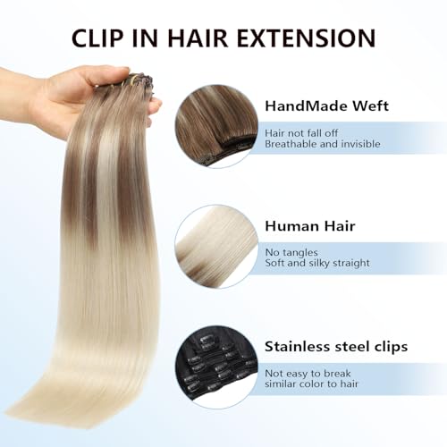 Image of COOKAYU Clip in Hair Extensions Human Hair, 8 /60 Ash Brown to Platinum Blonde Ombre Real Hair Extensions Clip in Human Hair, 14inch 120g 7Pcs