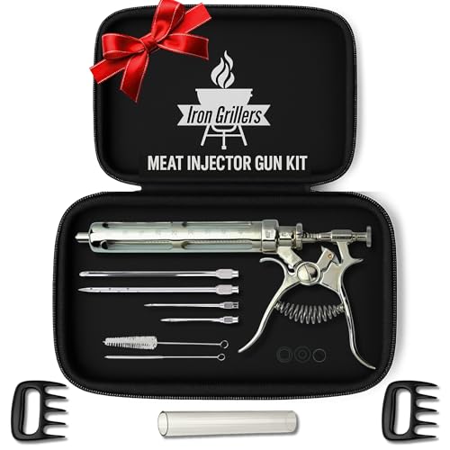 Professional Meat Injector Marinade Gun Kit for Smoking & Grilling Tender Brisket, Turkey, BBQ - Large 2 Oz Capacity with Metal Protective Case - No Leaks, Clogs or Mess + Meat Shredding Claws