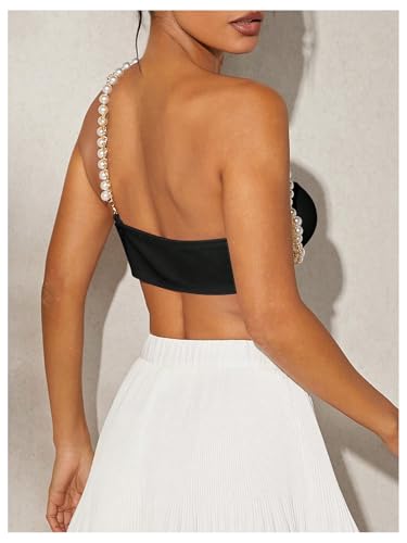 OYOANGLE Women's Pearl Beaded One Shoulder Cut Out Micro Crop Top Party Clubwear Sleeveless Tops3