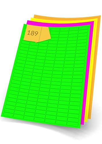 Fluorescent Coloured Rectangle Pink, Orange, Yellow or Green A4 Printer Labels, Inkjet or Laser, 189 per Sheet, 25 x 10mm (Yellow, 100)