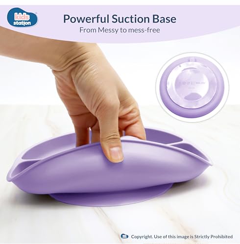 Image of Kids Station 3 Piece BPA-Free Silicone Baby Feeding Set - Baby Plate - Spoon and Bowl - Make Mealtime Fun - Microwave Safe - Unbreakable Eco-Friendly - Organic & Natural (Plate (Set of 3), Purple)