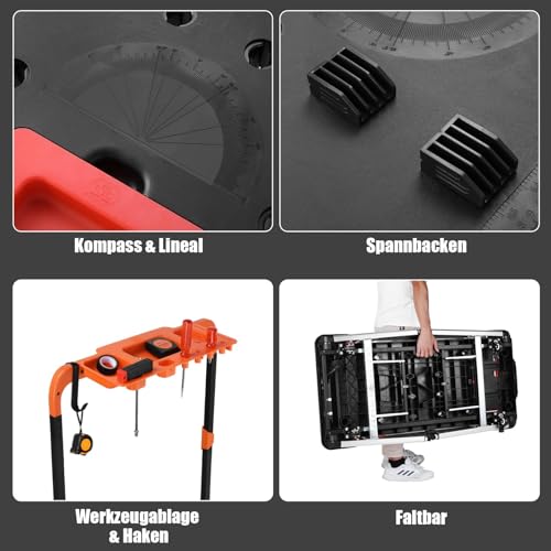 LIFERUN 7-in-1 Inklapbare Werktafel, Werkbank Inklapbaar met Geïntegreerd Stopcontact, Opvouwbare Werktafel met 4 Wielen, Spantafel met Hoekmarkering, Hoogte Verstelbaar, Steekwagen, Transportwagen - Afbeelding 6
