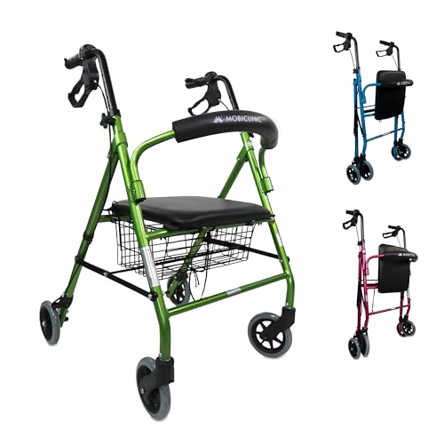 Mobiclinic, Andador para ancianos, Modelo escorial, Marca española, Plegable, Frenos manuales y bloqueables, Aluminio, Con cesta, Ligero resistente, Asiento, 4 ruedas, Color verde