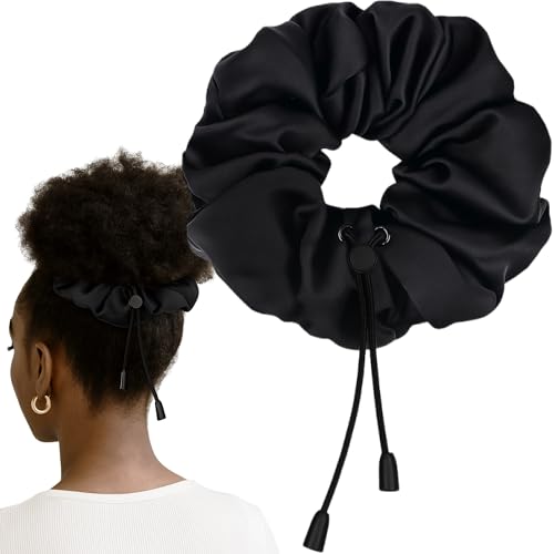 JazSwirl Puff Cuff for Curly Natural Hair Adjustable Puff Cuff Oversized Scrunchie 12.6 Inch Black Polyester Hair Tie for Women Large Jumbo Hair Accessories