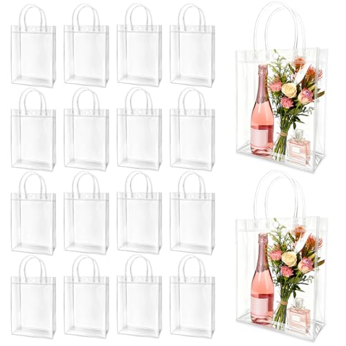 Seuqhck Transparente Kunststoff-Geschenktüten mit Griffen wiederverwendbare PVC-Partybeutel transparente Einkaufstaschen für Waren Einzelhandel Boutique Partygeschenke Hochzeit Geburtstag 40