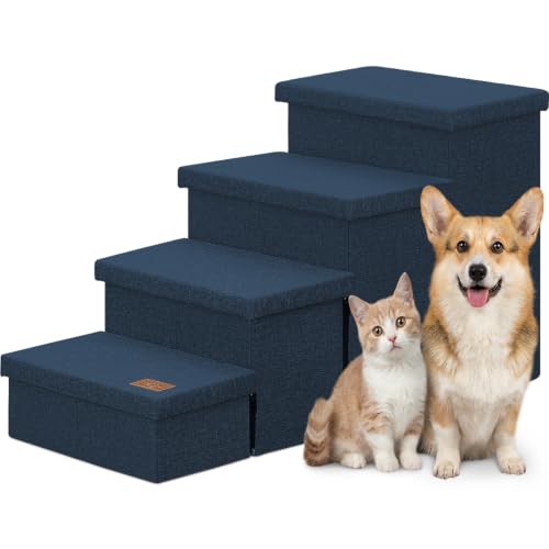 Image of Zerbuger Dog Stairs with Storage, Navy Blue 4 Steps Dog Ramp no Condo | 23 inch H Wider Dog Steps for High Beds Couch, Folding Storage Pet Stairs Gift for Climbing Small /Medium /Large Old Dogs Cats