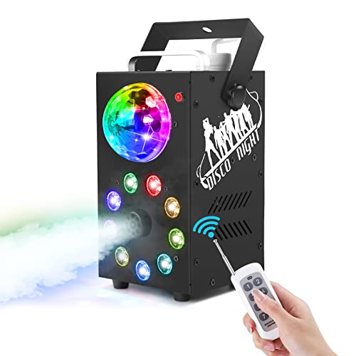 Machine à Fumée Portable 700W Télécommande avec RVB Boule Disco et 9 LED colorées Lumière Effet de Brouillard à Haut pour Halloween Noël Mariages Étapes Fêtes DJ