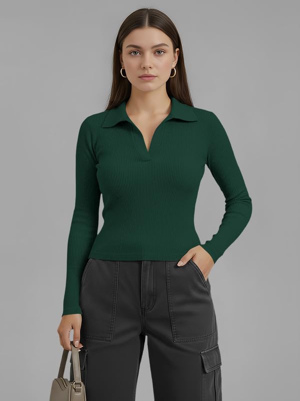 Image of Dream Beauty Fashion Women's Collared Neck Long Sleeve Slim Fit Casual Tee Top for Woman