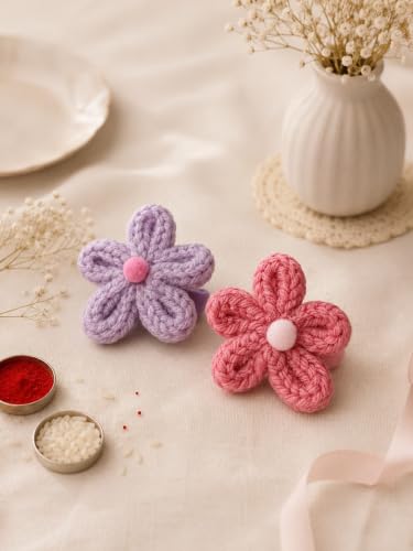 Image of Pretty Petals Crochet Rakhi Combo with Handmade Floral Yarn Design, Reusable Decorative Style, Raksha Bandhan Gift Set for Brother and Family
