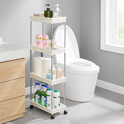 Lifewit Slim Storage Trolley for Narrow Space Bathroom Laundry Room Kitchen, 4 Tier Slide-Out Rolling Trolley Organiser Rack Shelf Cart with Wheels for Space-Saving Organization, Easy Assembly, White