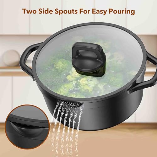 PekGema Nonstick Pots and Pans set, Non Stick Cookware Set 14 Pcs, Induction Cooking Set with Pour Spouts and Stay Cool Handle, PFOA FREE, Classic Black - Image 7