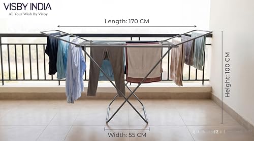 Image of VISBY INDIA Luxury Foldable Cloth Drying Stand for Clothes | Heavy Duty 3-Way Folding Design | Adjustable Alloy Steel Laundry Drying Rack | Lightweight Indoor & Outdoor Clothes Dryer (Grey)