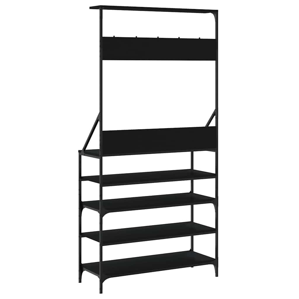 Kleiderständer Garderobe mit Schuhablage Schwarz 90x34x184 cm freistehend aus Holzwerkstoff und Metall platzsparend mit Haken und Rollen für Flur Schlafzimmer Ankleidezimmer