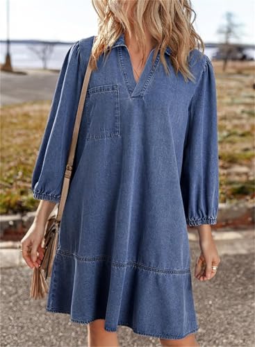 Women's V-Neck Puff Sleeve Denim Layered Dress, V Neck 3/4 Puff Sleeve Jean Dresses Women Fashion Fall Casual Babydoll A Line3