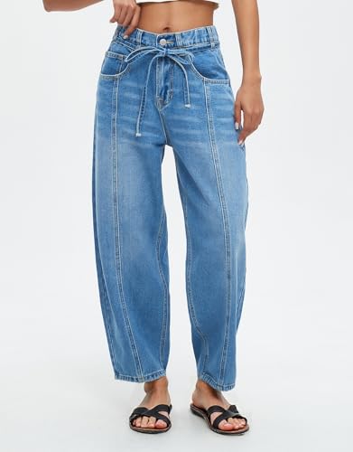 Ladyful Womens Baggy Barrel Jeans Drawstring Low Rise Horseshoe Jeans Boyfriend Wide Leg Mom Denim Pant Trouser4