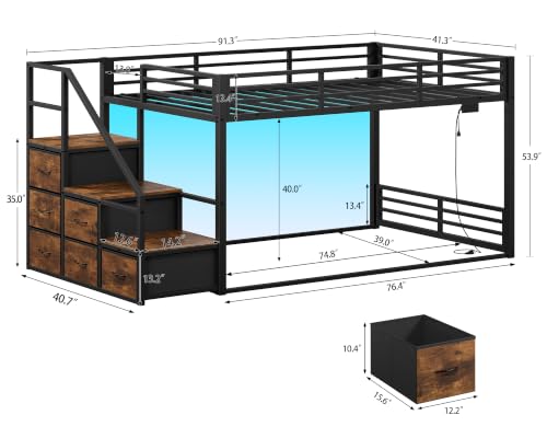 Image of Bunk Bed Twin Over Twin with Storage Stairs, Metal Bunk Beds for Kids