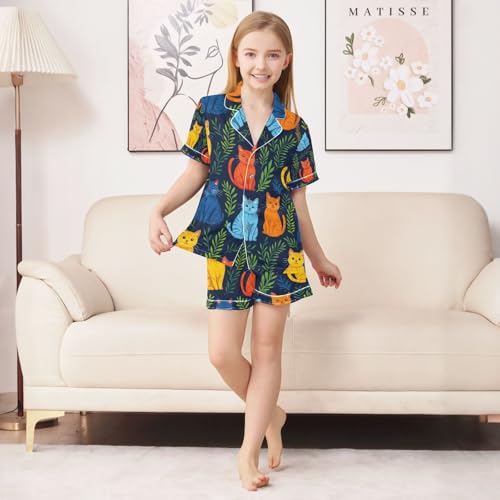 senya Colorful Cute Cat 2 Satin Summer Pajama Sets Silk Short Sleeve Button Down Sleepwear4