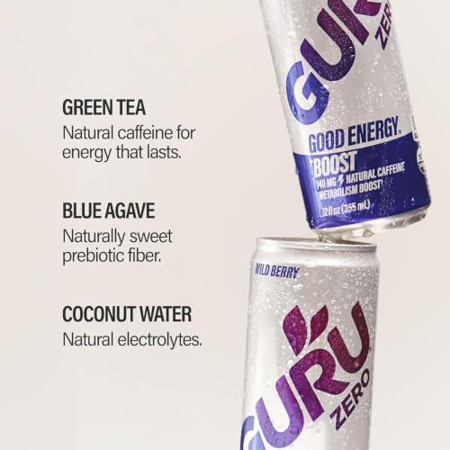 Image of GURU Zero Sugar Organic Energy Drink, Wild Berry, 12 Fl Oz, 12 Pack | 140 MG Natural Caffeine for Workouts, Performance & Midday Boost, With Real Fruit Juice, L-Theanine, Plant Based, Gluten Free