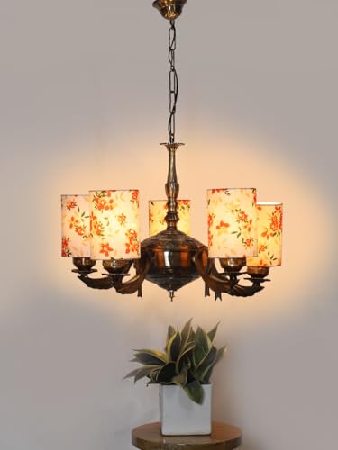 Image of Devansh 05-Light Round Printed Multicolor Cotton Shade Chandelier - Antique Golden Finish | Adjustable Cord | Warm Glow Lamp - Ceiling Light for Living Room, Dining Area, BedroomDecor - D16
