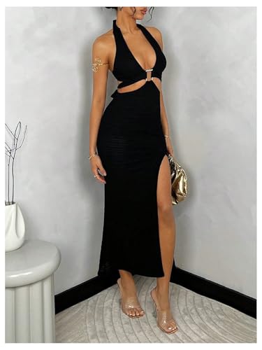 WDIRARA Women's Cut Out High Slit Halter V Neck Sexy Dress Ring Linked Tie Backless Bodycon Long Dresses4