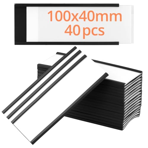 QWORK® 40 Piezas Etiquetas Magnéticas 40x100 mm, Escribibles con Película Protectora Transparente para Estantes Metálicos, Armarios y Pizarras Blancas