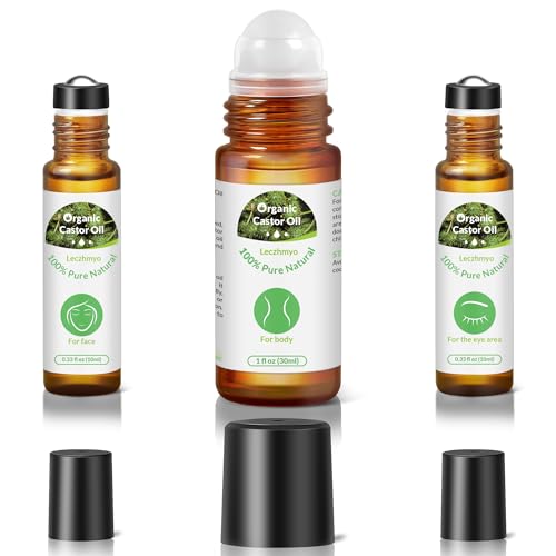 Leczhmyo Organic Castor Oil Roll on for Belly, Face, Body, Under Eyes– Certified Organic, Cold Pressed, Hexane Free, Unrefined – 3 Glass Bottle Pure Roller Ball Castor Oil to Moisturize Skin, Lips