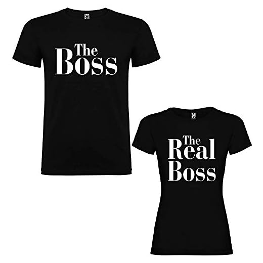 Pack de 2 Camisetas Negras para Parejas The Boss y The Real Boss Blanco (Mujer Tamaño M + Hombre Tamaño L)