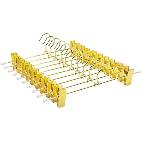 Amber Home 30cm Shiny Gold Metal Trousers Hangers 10pcs, Fashion Metal Skirt Hanger for Slacks Pants Jeans Bottoms with Non-slip Adjustable Clips and Swivel Hook Cover