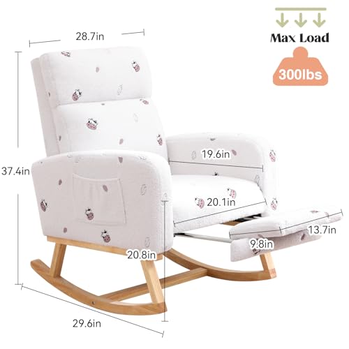 Image of HCHAIRH Rocking Chair Nursery with Foot Rest, Nursing Rocking Chairs for Mom Breastfeeding, Teddy Rocker Glider Chair with High Backrest for Living Room, Bedroom, Cow Printed White