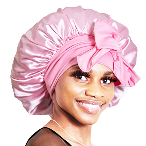 BONNET QUEEN Bonnet en satin de soie pour dormir avec bande à nouer double couche Rose, Rose (double couche), Medium Cover