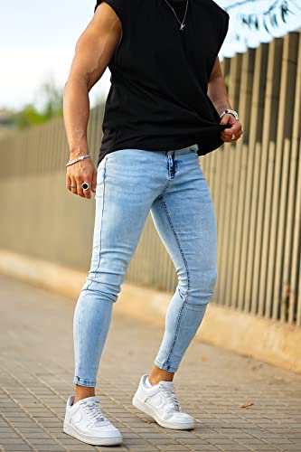 Gingtto Men's Skinny Jeans Stretch Ripped Tapered Leg (28, Ice Blue) #TOP5