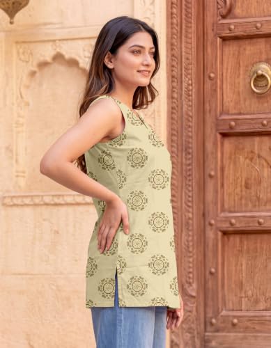 Image of Women's Printed Sleeveless Cotton Kurti Top with V-Neck, Straight Fit Casual Ethnic Tunic for Office, Daily & Casual Wear